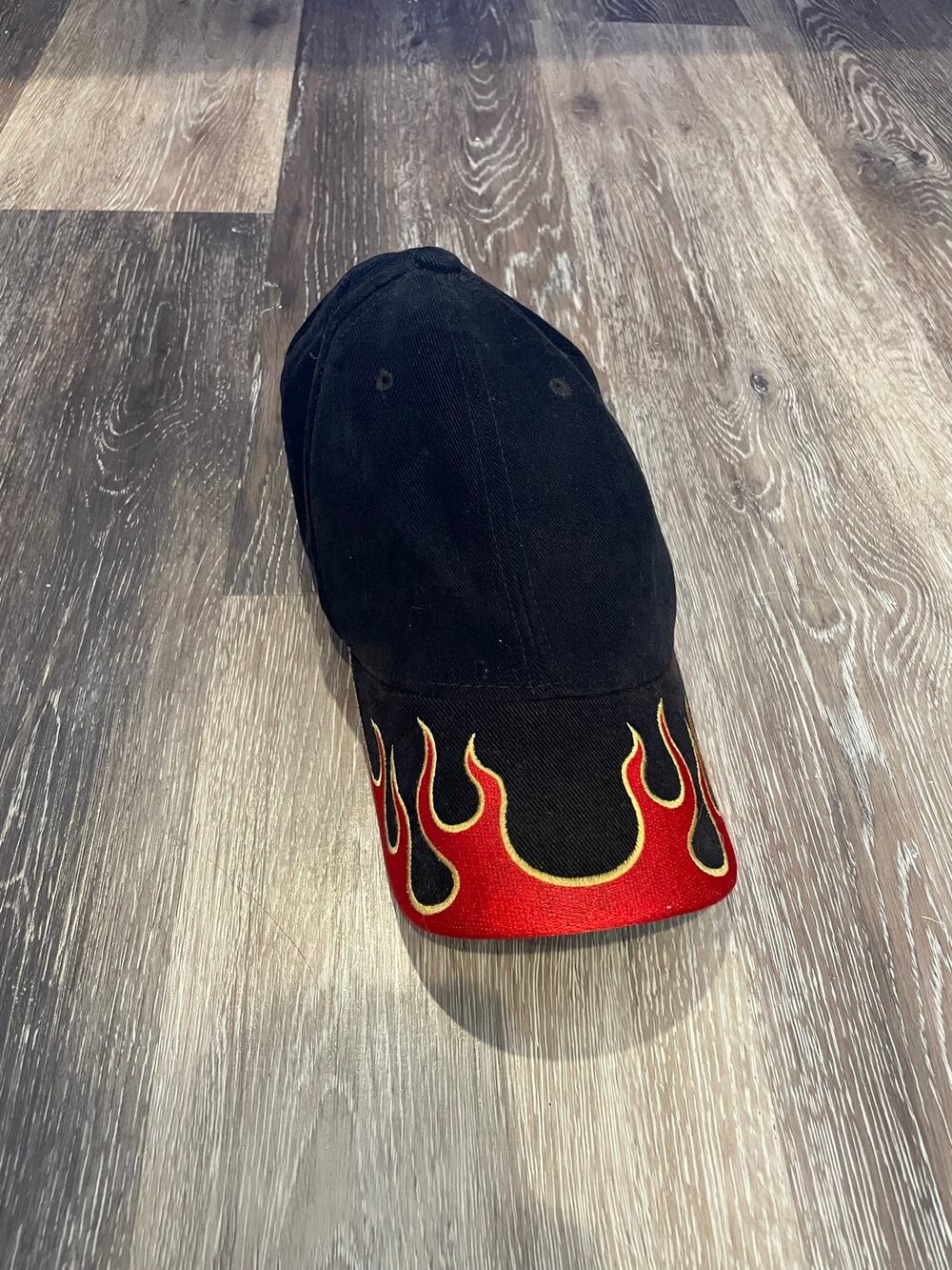black embroidered flame hat